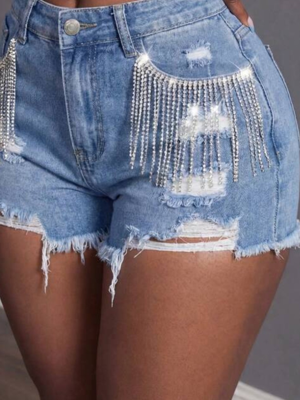 Harper Light Blue Rhinestone Fringe Distressed Jean Shorts